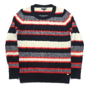 Tommy Hilfiger Sweater Mens‎ Large Blue White Black Striped Crew Cotton Pullover